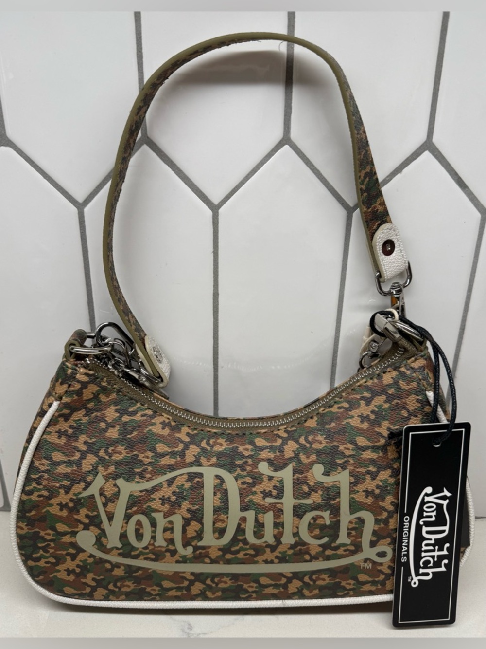 Von Dutch Camouflage Logo Shoulder Bag in Green and Brown Y2K 90s